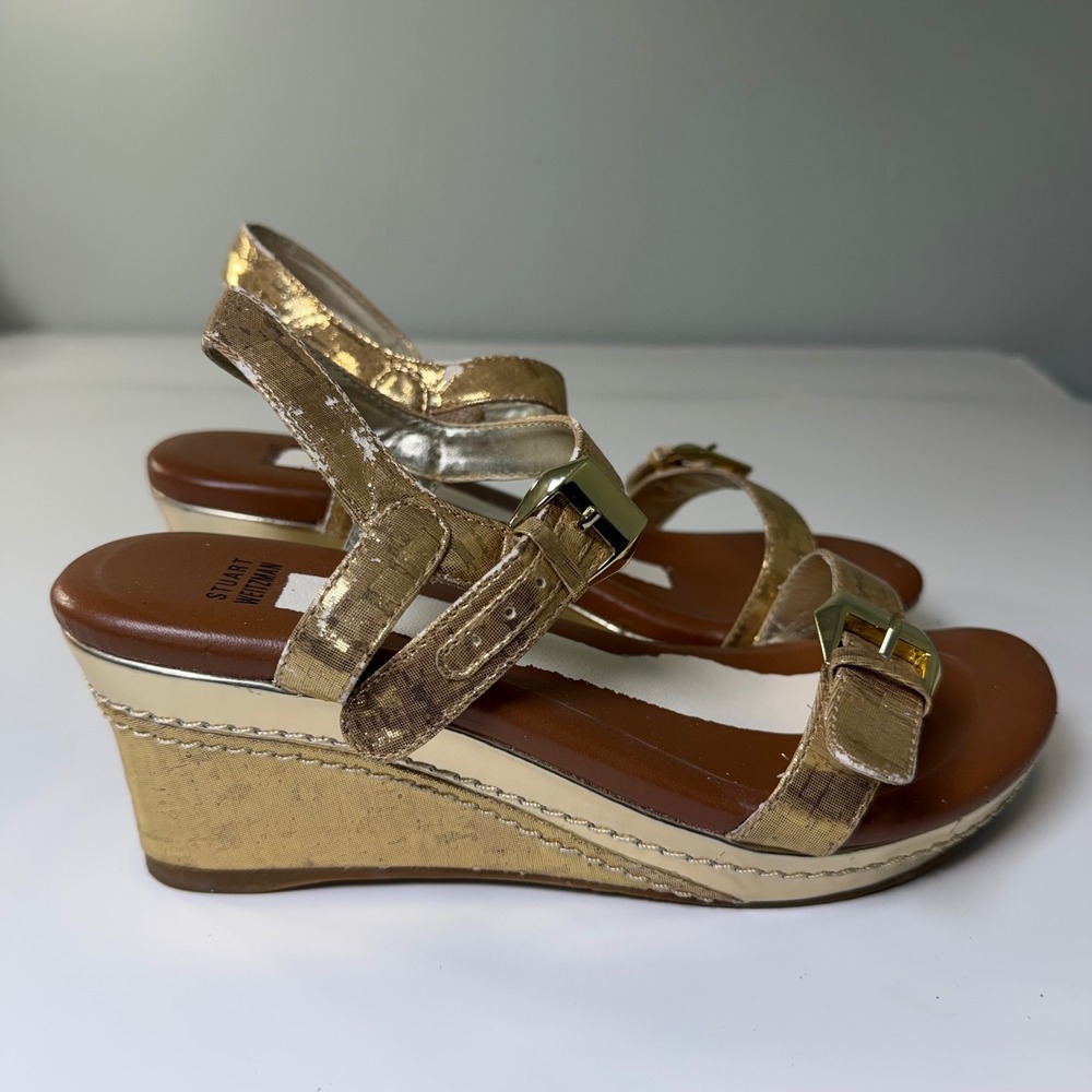 Stuart Weitzman Metallic Gold‎ Wedge Sandals Buckle Straps Size 4 US 36 Euro - Picture 6 of 10